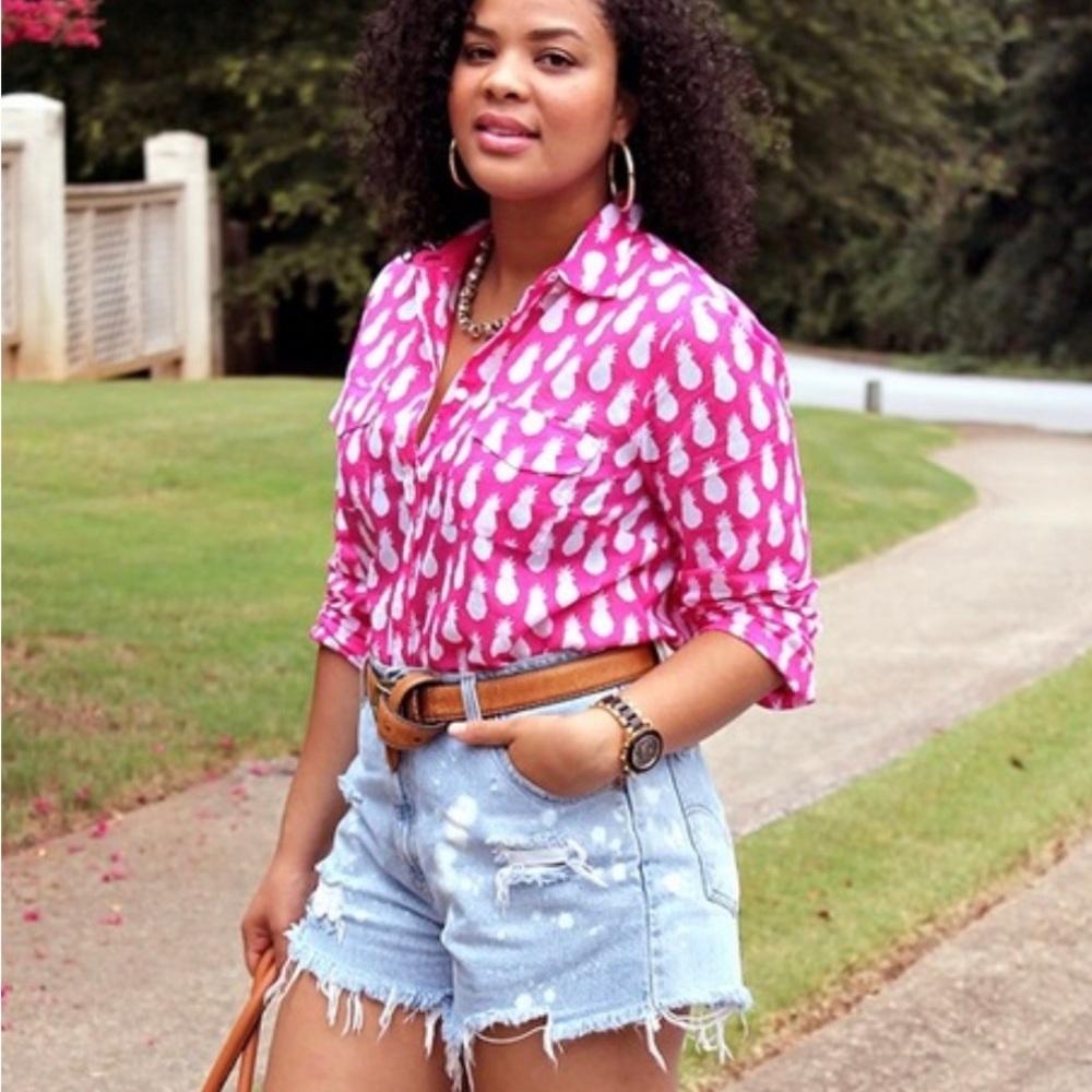 Talbots Pineapple Print Button Down, Size L - image 1